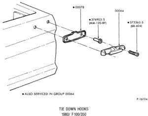 A technical exploded view showing the cargo hook, the internal reinforcement plate, mounting screws, and the protective gasket for a Ford truck bed.