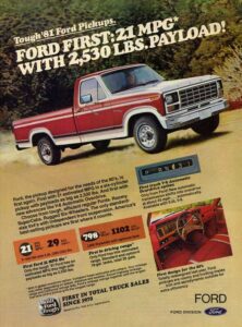 A 1981 Ford F-Series truck in a rugged outdoor setting, with the headline "Tough '81 Ford Pickups" in bold period-correct typography.