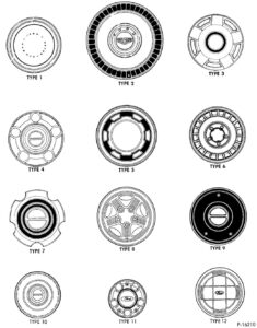 A technical illustration from a Ford manual showing six different wheel cover designs labeled Type 1 through Type 6, ranging from full-face covers to small hub-center caps.